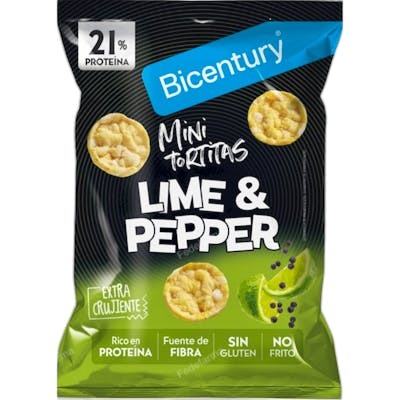 Bicentury Protein Tortita Mini Sabor Lima y Pimienta, Sin Gluten, 10 g