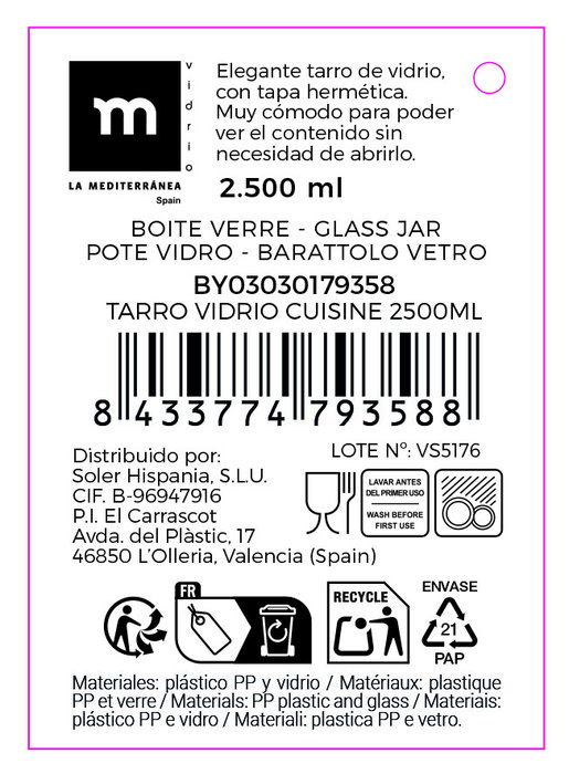 La Mediterranea Tarro Vidrio Cuisine 2500 ml 14x14x25.5 cm (6 Unidades)