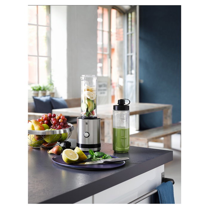 WMF KITCHENminis Smoothie-to-go Batidora de Vaso Portátil 0416500011, para Batidos, Picahielos, 300W, Acero Inoxidable, Capacidad 0.6L