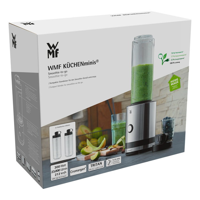 WMF KITCHENminis Smoothie-to-go Batidora de Vaso Portátil 0416500011, para Batidos, Picahielos, 300W, Acero Inoxidable, Capacidad 0.6L