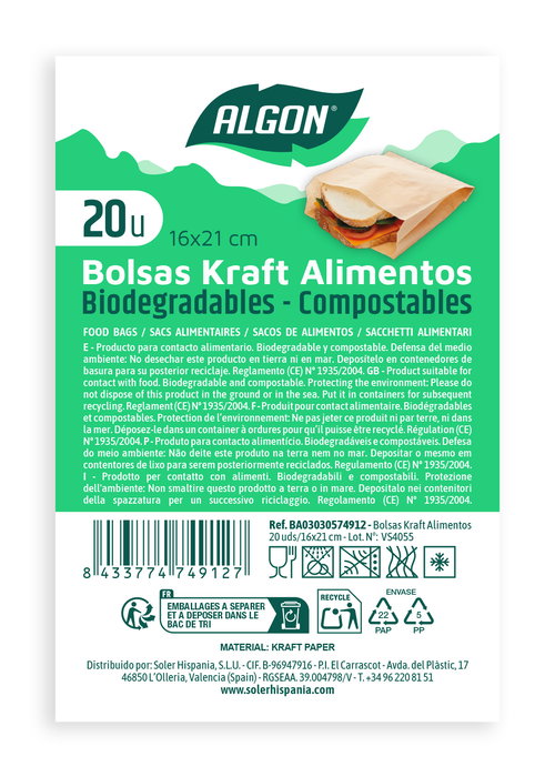 Algon Bolsas Kraft para Alimentos Reutilizables, 20 Unidades, Medidas 16x21 cm (24 Unidades)