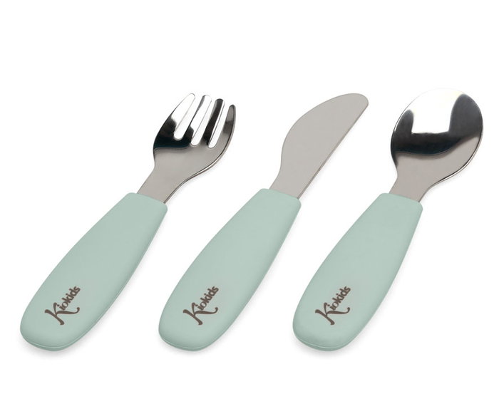 KioKids Set de Cubiertos Infantiles de Acero Inoxidable y Silicona Verde Salvia | Colección Little Sauvages | Recomendado +6 Meses