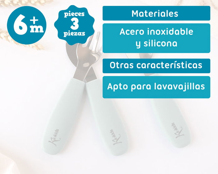 KioKids Set de Cubiertos Infantiles de Acero Inoxidable y Silicona Verde Salvia | Colección Little Sauvages | Recomendado +6 Meses