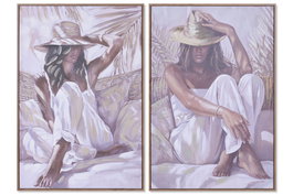 DKD Home Decor Set de 2 Cuadros Lienzo Chica Sombrero 60x90 cm Blanco y Beige