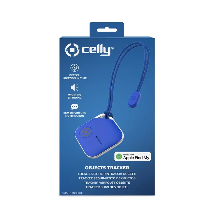 Celly SMARTFINDERBL Localizador Rastreador GPS con Cordón, Compatible con Find My de Apple (MFI), Buscador para Llaves/Mochilas, Azul