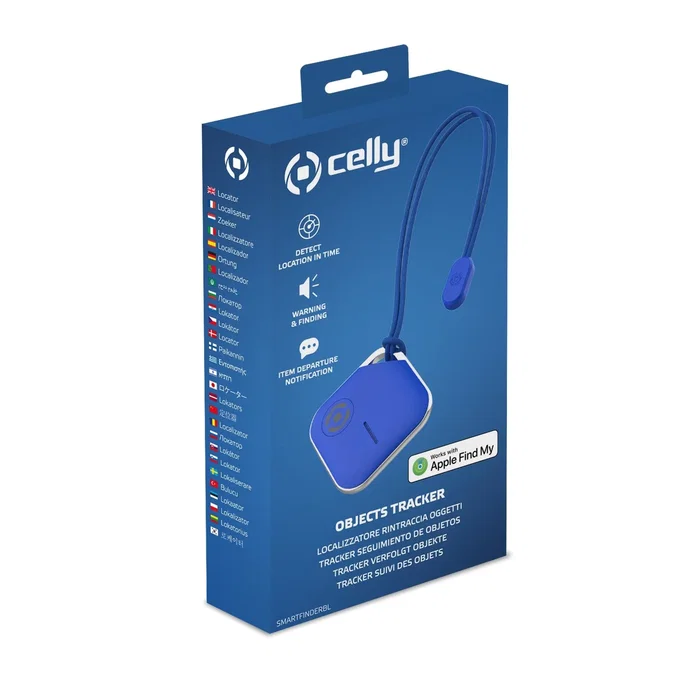 Celly SMARTFINDERBL Localizador Rastreador GPS con Cordón, Compatible con Find My de Apple (MFI), Buscador para Llaves/Mochilas, Azul