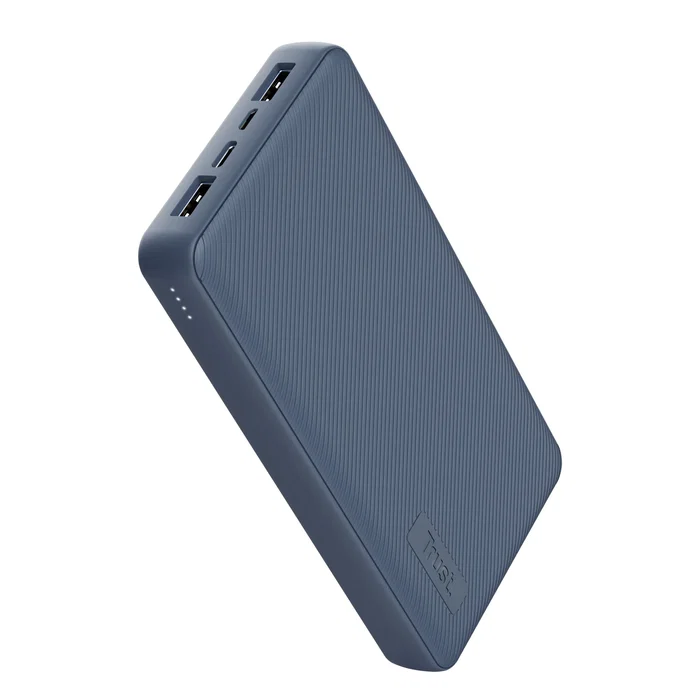 Trust Power Bank Batería Externa Primo 20000 mAh con Carga Rápida USB-C 15W, 3 Puertos (2 USB-A + 1 USB-C), 50% Plásticos Reciclados, Azul