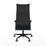 Sillón Albacete con mecanismo Sincro tapizada con Tela color Turquesa y malla color Negro. Equipado con Base nailon negra, Brazos 1D y Ruedas 65 mm parqué