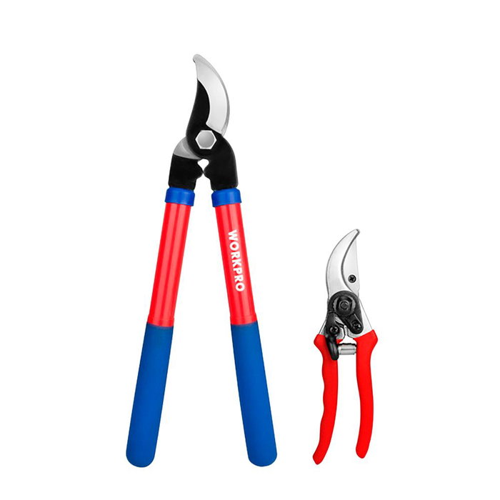 Workpro - Juego de Tijeras de Poda de 2 Piezas: Tijera Podadora de Dos Manos 380 mm (Ø15 mm) y Tijera de Podar 200 mm (Ø10 mm) - Cuchillas Tratadas Térmicamente