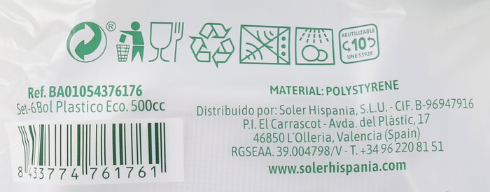 Algon Set 6 Bol Plástico Eco 500cc 22.7 x 6.5 x 26 cm (36 Unidades)