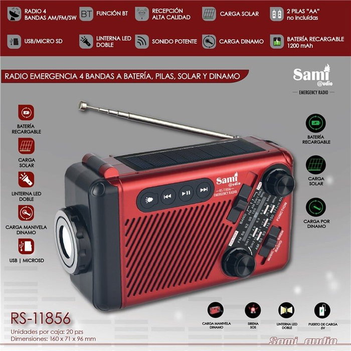 SAMI Radio de Emergencia Multimedia, 4 Bandas, Funciona con Batería o Solar, Incluye Linterna, SOS, Cargador USB y Mando a Distancia, Ideal para Acampada y Emergencias