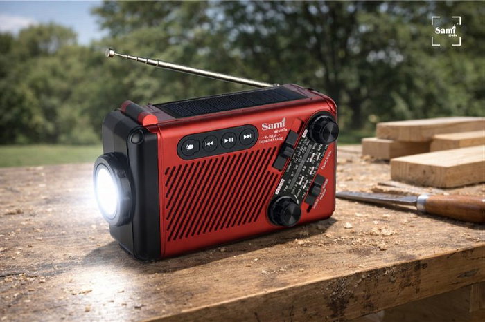 SAMI Radio de Emergencia Multimedia, 4 Bandas, Funciona con Batería o Solar, Incluye Linterna, SOS, Cargador USB y Mando a Distancia, Ideal para Acampada y Emergencias