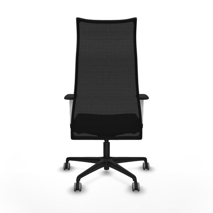 Sillón Albacete con mecanismo Sincro tapizada con Tela color Negro. Equipado con Base nailon negra, Brazos 1D y Ruedas 65 mm parqué