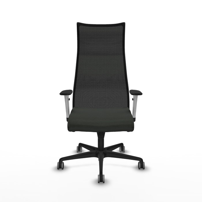 Sillón Albacete con mecanismo Sincro tapizada con Tela color Negro. Equipado con Base nailon negra, Brazos 1D y Ruedas 65 mm parqué