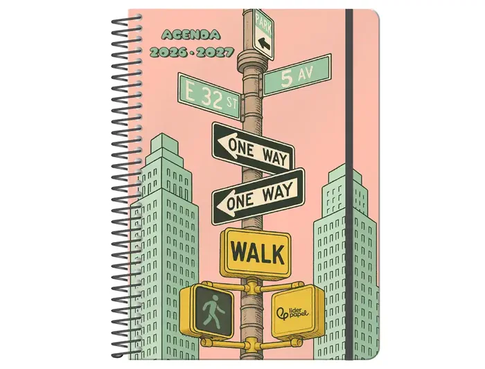 Liderpapel Agenda Escolar 2026-2027 Espiral City Rosa, Día Página A5 Bilingüe, Papel FSC 80g, Colección Fantasy con Gomilla y Pegatinas