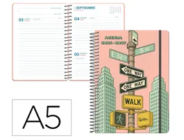 Liderpapel Agenda Escolar 2026-2027 Espiral City Rosa, Día Página A5 Bilingüe, Papel FSC 80g, Colección Fantasy con Gomilla y Pegatinas