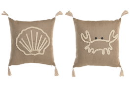 DKD Home Decor Cnacc 26 Cojín Mediterraneo Natural Blanco 45x45x12 cm (12 Unidades) Yute Poliester Bordado Cremallera