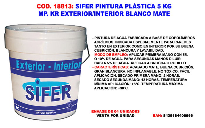 SIFER Pintura Plástica Blanco Mate 5 kg Exterior/Interior SIFER Pintura Plástica Blanco Mate 5 kg Exterior/Interior