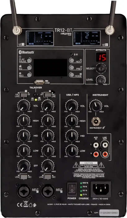 ALGAMAUDIO Altavoz Portátil Amplificado TR12-BT - 120W, Bluetooth, Batería, 2 Micrófonos Inalámbricos, Woofer 12", Sistema PA Portátil con Ruedas