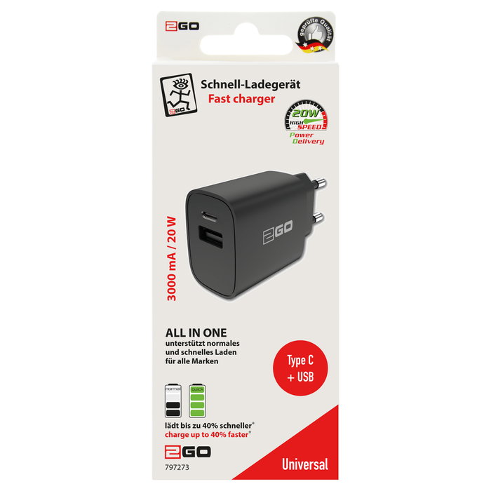2GO Cargador de dispositivo móvil 20W con 2 puertos (1x USB-A y 1x USB-C) Negro 2GO Cargador de dispositivo móvil 20W con 2 puertos (1x USB-A y 1x USB-C) Negro