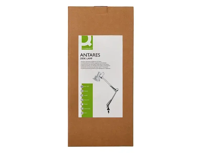 Q-Connect Antares Lámpara de Escritorio, Brazo Articulado 3 Puntos con Pinza, Interruptor, Metálica, 40W, Color Plata