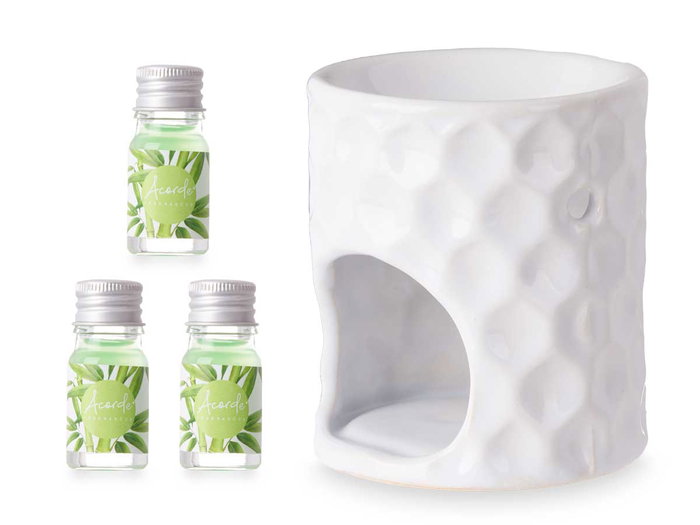 Acorde Set Quemador Aceite Esencial Bambu Ceramica Blanco 11 x 19.8 x 6.5 cm (Set de 12)