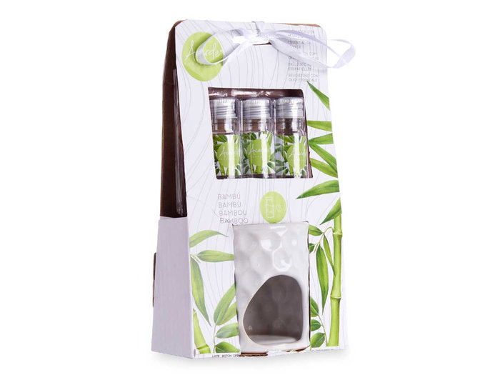 Acorde Set Quemador Aceite Esencial Bambu Ceramica Blanco 11 x 19.8 x 6.5 cm (Set de 12)