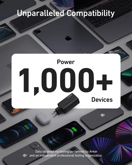 Anker 735 Charger GaNPrime 65W - Cargador de Pared USB-C 2 Puertos + USB-A 1 Puerto para Carga Rápida de Laptop MacBook, iPhone, Samsung Galaxy, iPad, Tablets, Smartphone, Negro