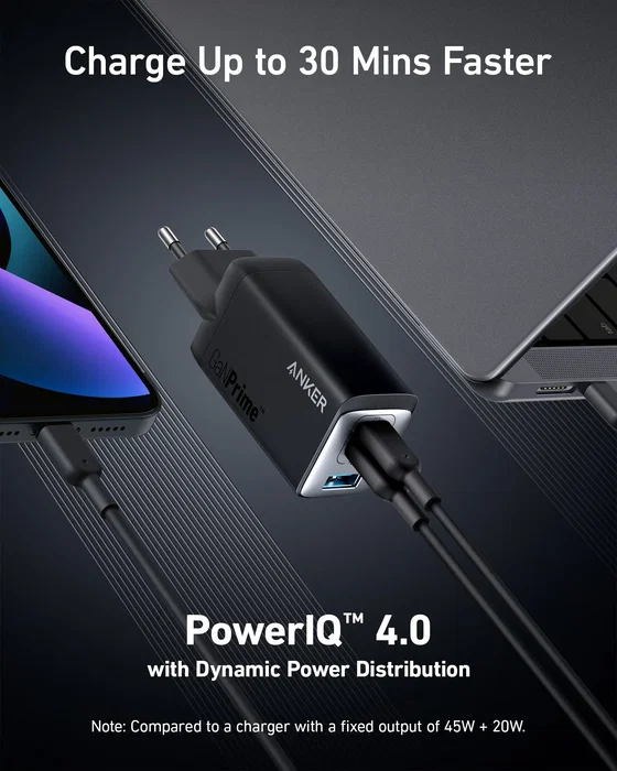 Anker 735 Charger GaNPrime 65W - Cargador de Pared USB-C 2 Puertos + USB-A 1 Puerto para Carga Rápida de Laptop MacBook, iPhone, Samsung Galaxy, iPad, Tablets, Smartphone, Negro