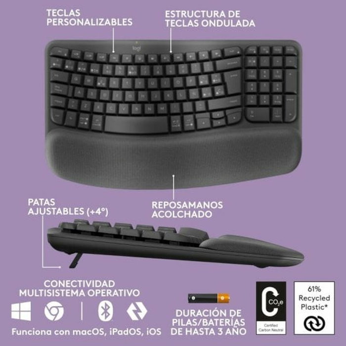 Logitech Wave Keys Teclado Ergonómico Inalámbrico QWERTY Español Grafito Logitech Wave Keys Teclado Ergonómico Inalámbrico QWERTY Español Grafito