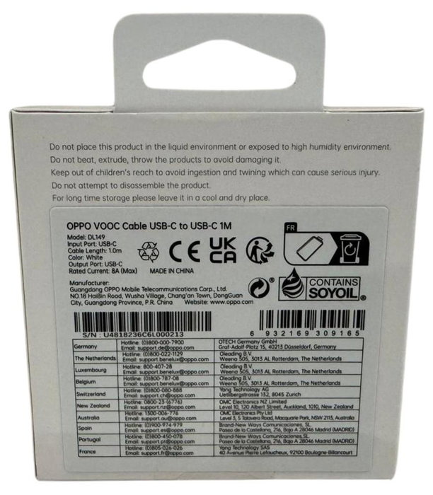 OPPO Cable USB-C a USB-C para Carga Rápida de 65W, 6.5A, Transferencia de Datos, 1 Metro, Blanco