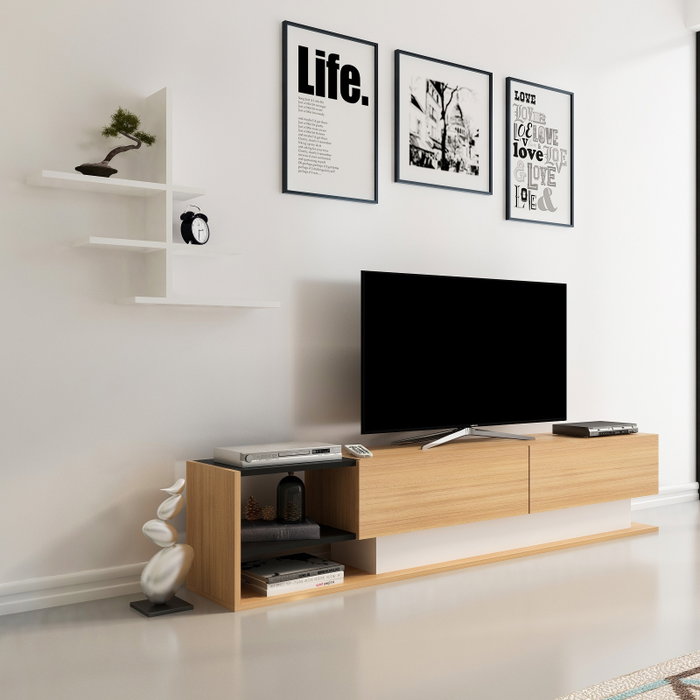 Hanah Home Mueble de TV Liza Teak y Blanco | Tablero de Partículas Recubierto de Melamina 18mm | 180x40x30cm | Moderno - Novedoso