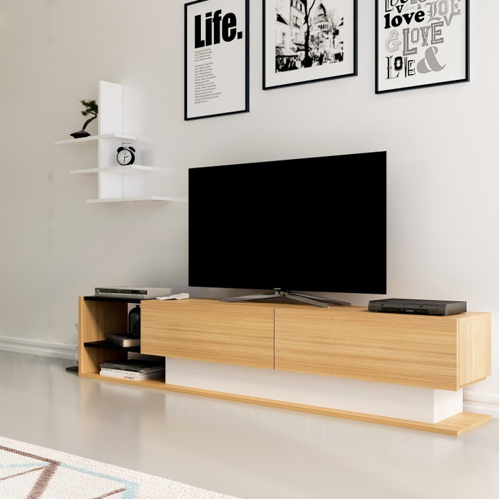 Hanah Home Mueble de TV Liza Teak y Blanco | Tablero de Partículas Recubierto de Melamina 18mm | 180x40x30cm | Moderno - Novedoso
