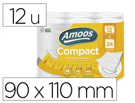 Amoos Papel Higienico Compact 2 Capas 110 mm Diametro x 90 mm Alto 30 gr/m2 Paquete de 12 Rollos