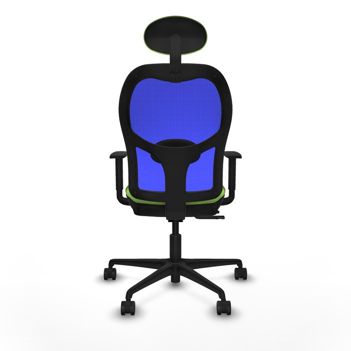 Silla de oficina Jorquera con mecanismo Sincro/Traslack tapizada con Tela color Pistacho y malla color Azul. Equipada con lumbar 1D, Brazos 1D, Cabecero Fijo y Ruedas 65mm nailon