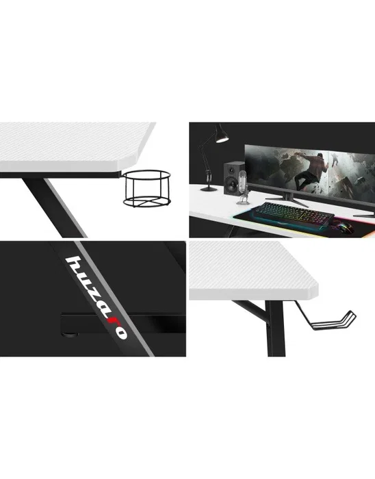 Huzaro Hero 7.0 - Escritorio Gaming Esquina en L, Aluminio, Tablero de Fibra de Carbono Mate, Color Blanco y Negro, Gestión de Cables