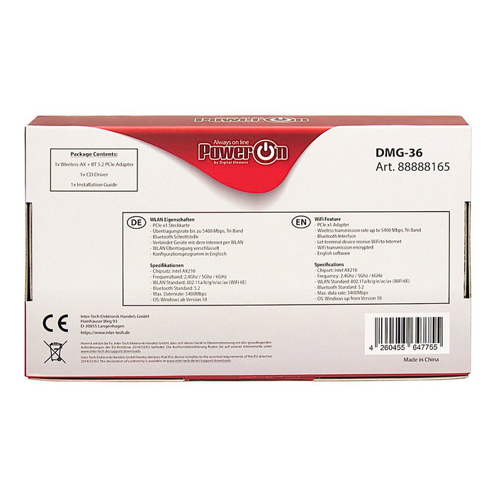 Inter-Tech Adaptador PCIe Wi-Fi 6E + BT 5.2 DMG-36 5400 Mbps Inter-Tech Adaptador PCIe Wi-Fi 6E + BT 5.2 DMG-36 5400 Mbps