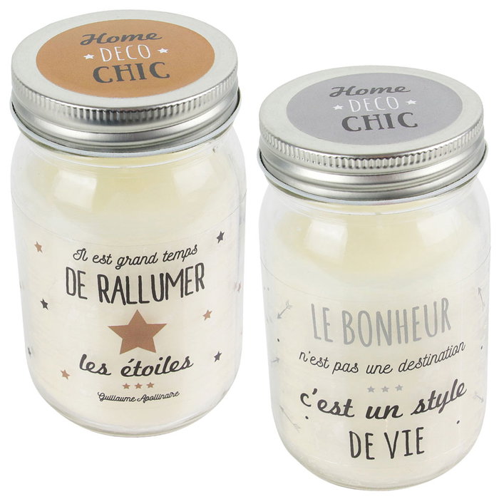 Home Deco Factory Vela Aromática "Bougie" con Mensaje en Tarro, Modelos Etoiles (Vainilla) y Bonheur (Frutas Tropicales) Home Deco Chic