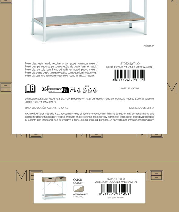 Moblekit Mueble con 2 Cajones ESKA Madera-Metal