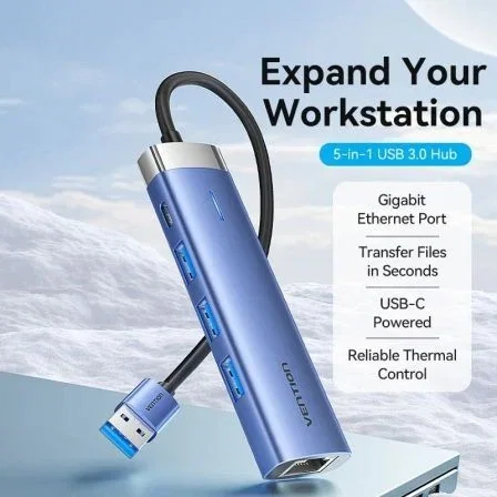 Vention TGFSB Hub USB 3.0 5 en 1 con 3x USB 3.0, Puerto Gigabit Ethernet RJ45, 1x USB Tipo-C con PD, para Portátil