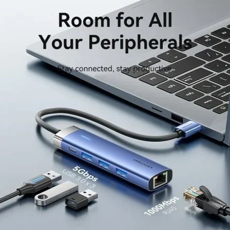Vention TGFSB Hub USB 3.0 5 en 1 con 3x USB 3.0, Puerto Gigabit Ethernet RJ45, 1x USB Tipo-C con PD, para Portátil