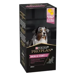 Purina Pro Plan Skin&Coat+ Suplemento para Perros - 4 Botellas x 250 ml con Aceite de Salmón, Linaza y Vitamina E para Piel y Pelo