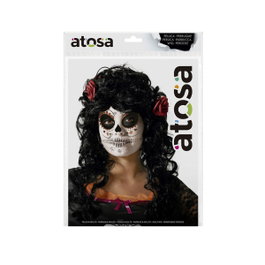 Peluca de Catrina Negra con Rizos y Rosas