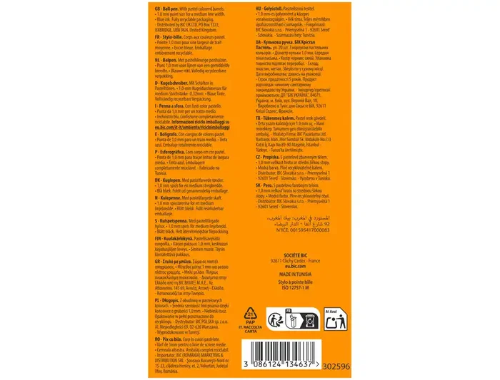 BIC Bolígrafo Cristal Pastel punta 1 mm - Paquete surtido colores pastel (azul, coral, morado, verde, amarillo) - Tinta azul, trazo 0.4 mm