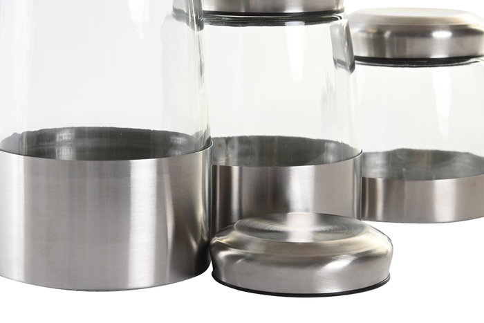 DKD Home Decor Set de 3 Botes de Cristal e Inox Plateado