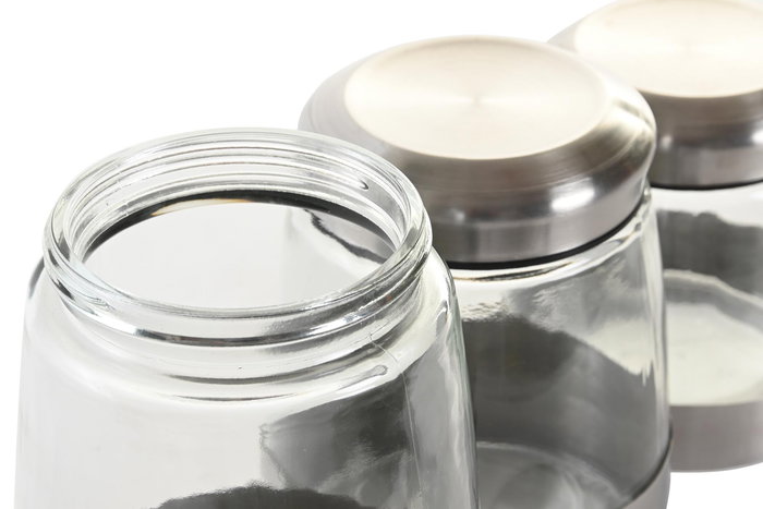 DKD Home Decor Set de 3 Botes de Cristal e Inox Plateado