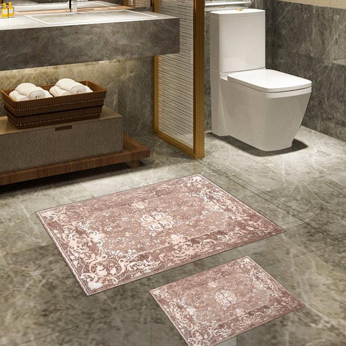 Mijölnir 510610 Juego de Alfombras de Baño de Poliéster con Base Antideslizante y Antibacteriana 50x60 cm y 60x100 cm Color Polvo