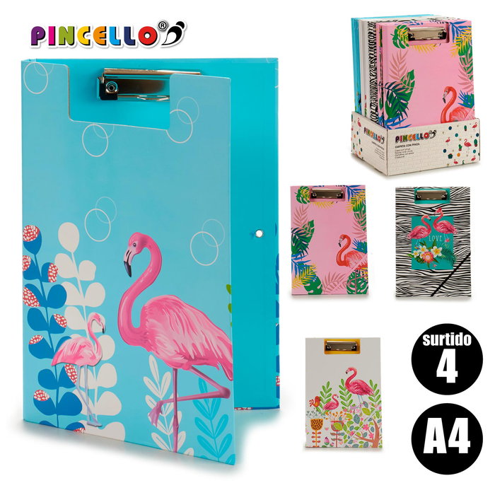 Pincello Carpeta con Pinza y Goma A4 Flamencos Surtidos 32 x 23 x 2 cm (Set de 36)