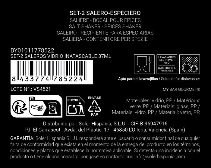 Inde Set 2 Saleros Vidrio Tapa Inatascable 37 ml (24 Unidades)