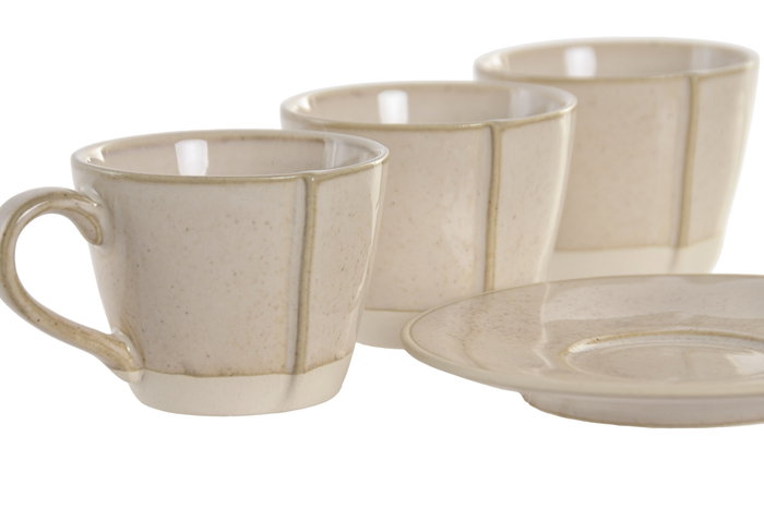 DKD Home Decor Set de Café Liangfeng 26 de Gres y Acacia Beige, 6 Piezas